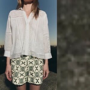 Zara Cream High-Waist Shorts with Green Geometric Embroidery